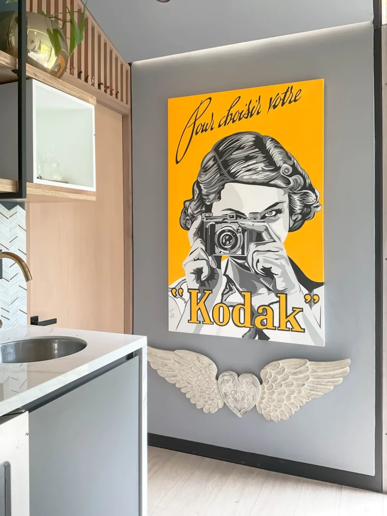 Cabin in La Unión – kitchenette detail with vintage poster