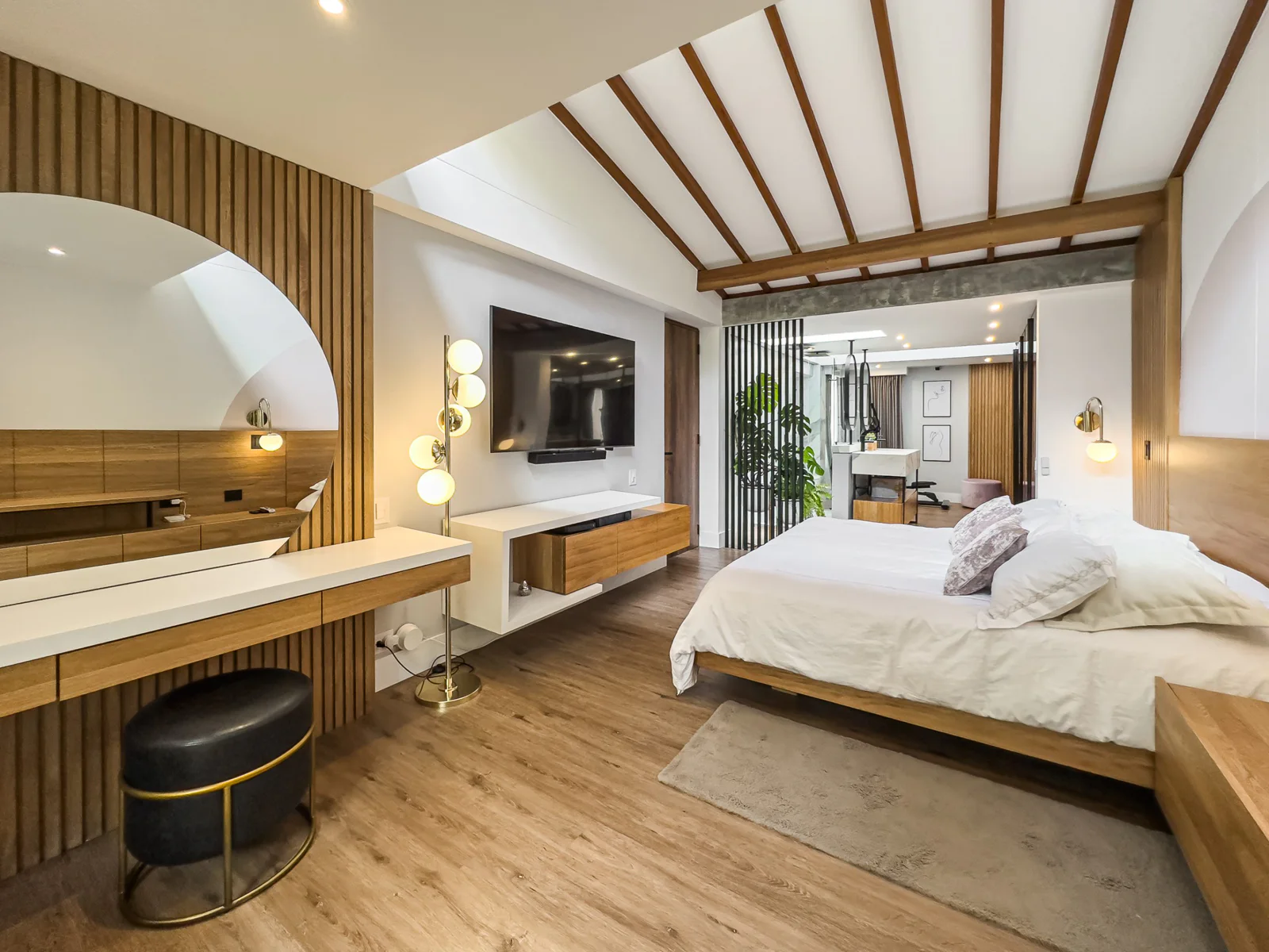 Casa Antigua – master bedroom with sloped wood ceiling