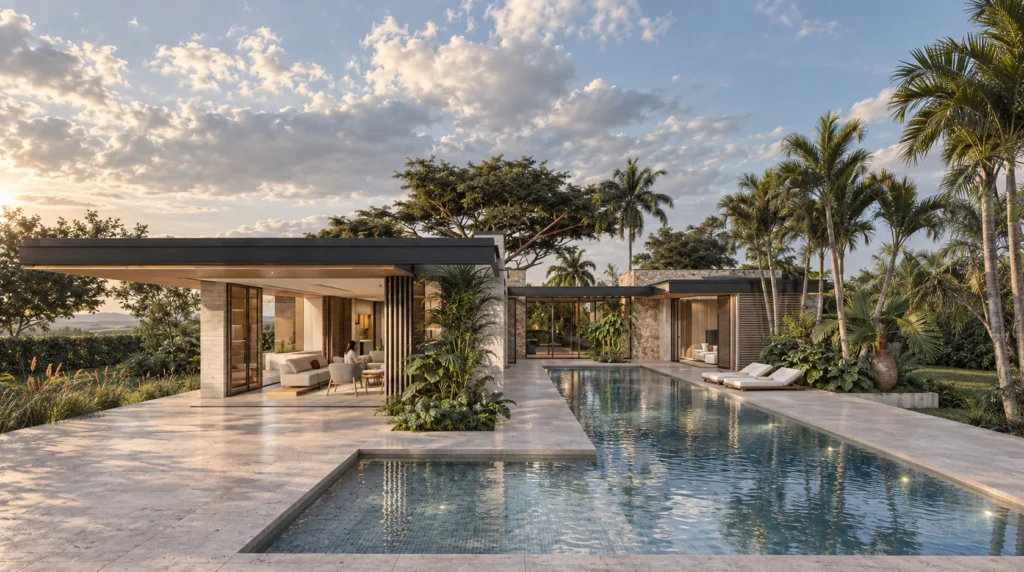 Country house in Villavicencio – reflecting pool and terraces at sunset