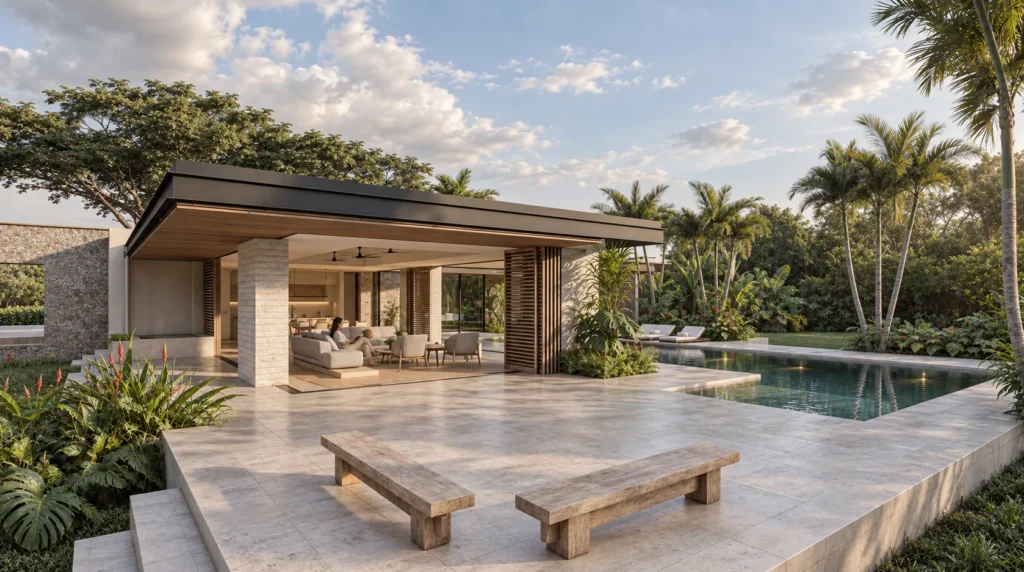 Country house in Villavicencio – stone terrace with wooden benches
