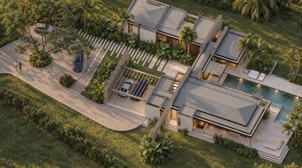 Country house in Villavicencio – aerial view of the complex and the entrance