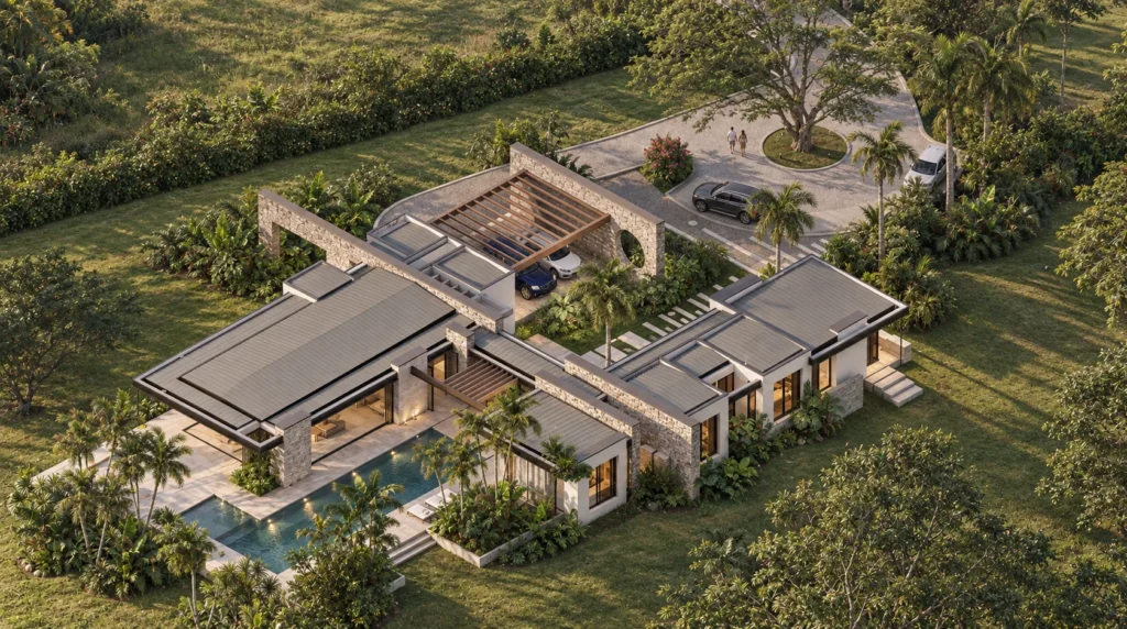 Country house in Villavicencio – aerial view of the roofs and the pool