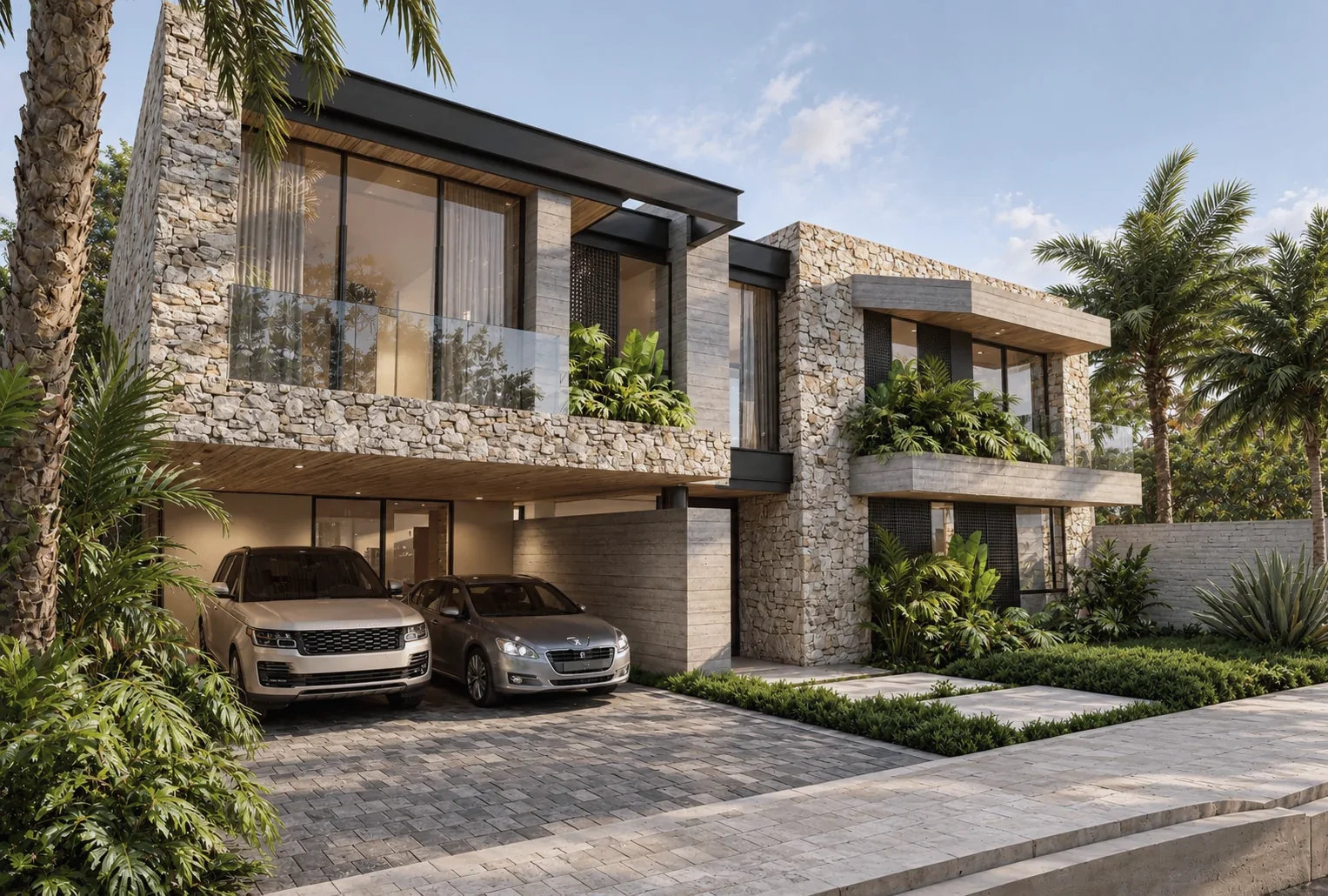 Casa Cúcuta F&J – Stone façade with covered garage and tropical garden