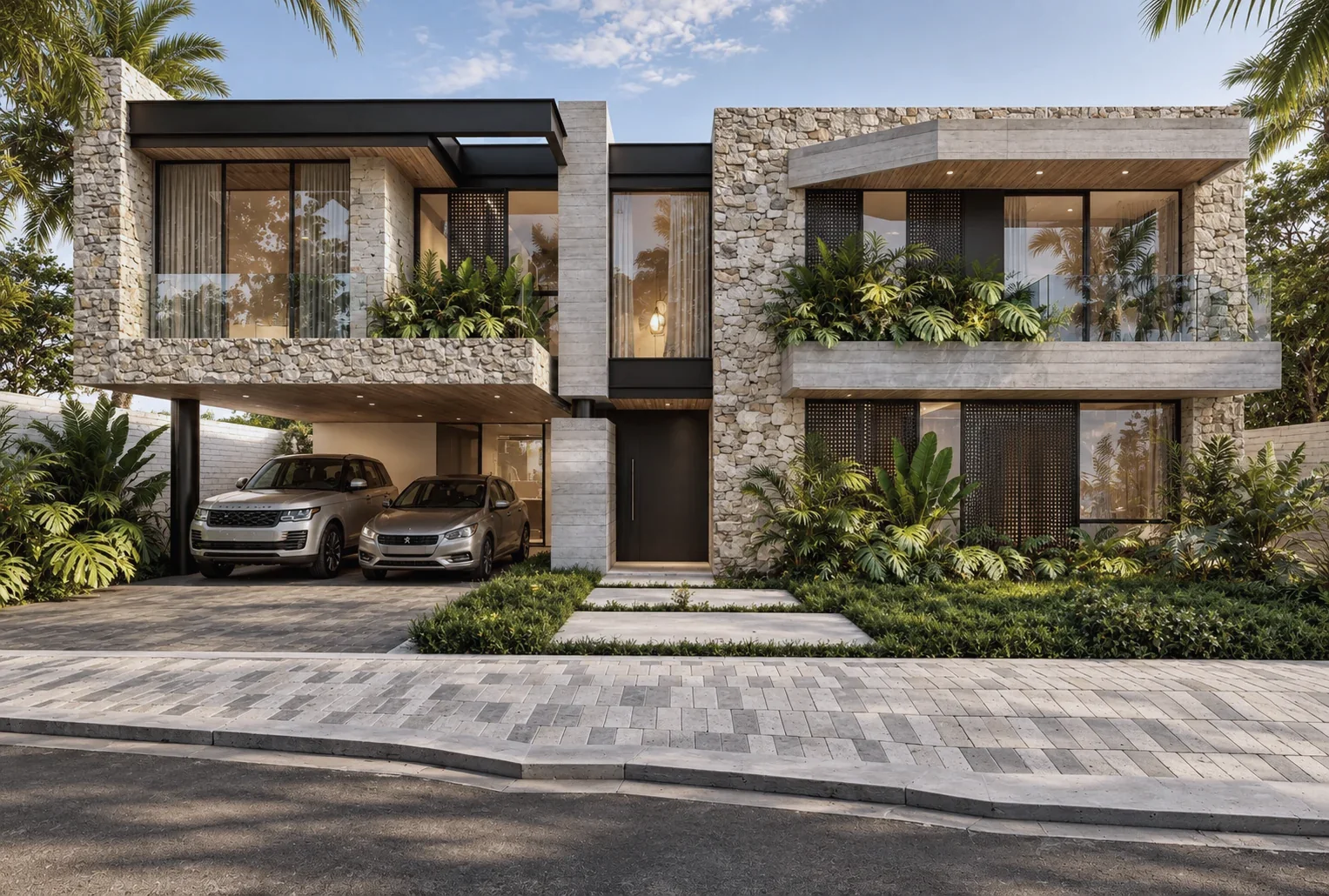 Casa Cúcuta F&J – Two-story front façade in stone, wood and glass