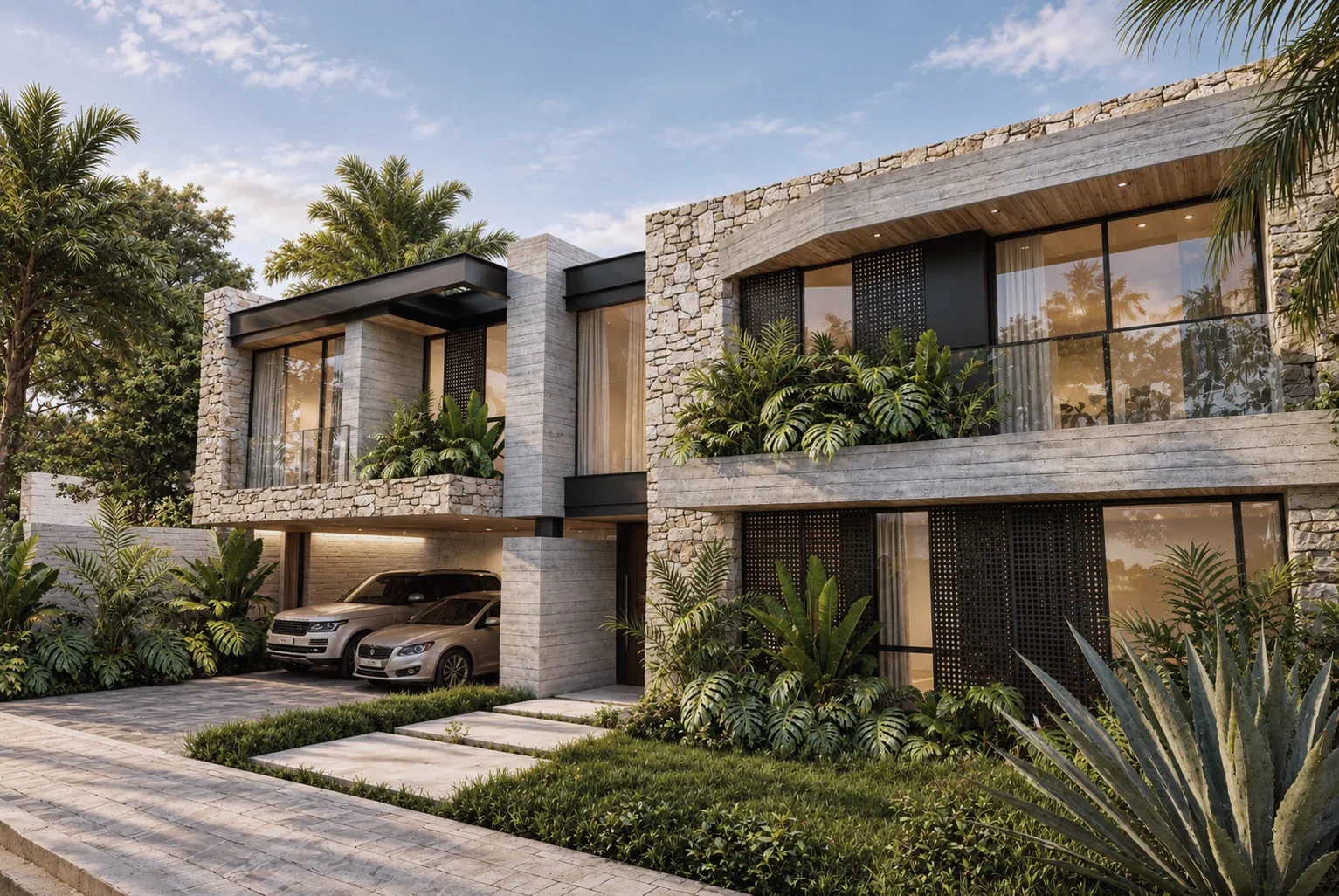 Casa Cúcuta F&J – Stone volume with planters and tropical vegetation