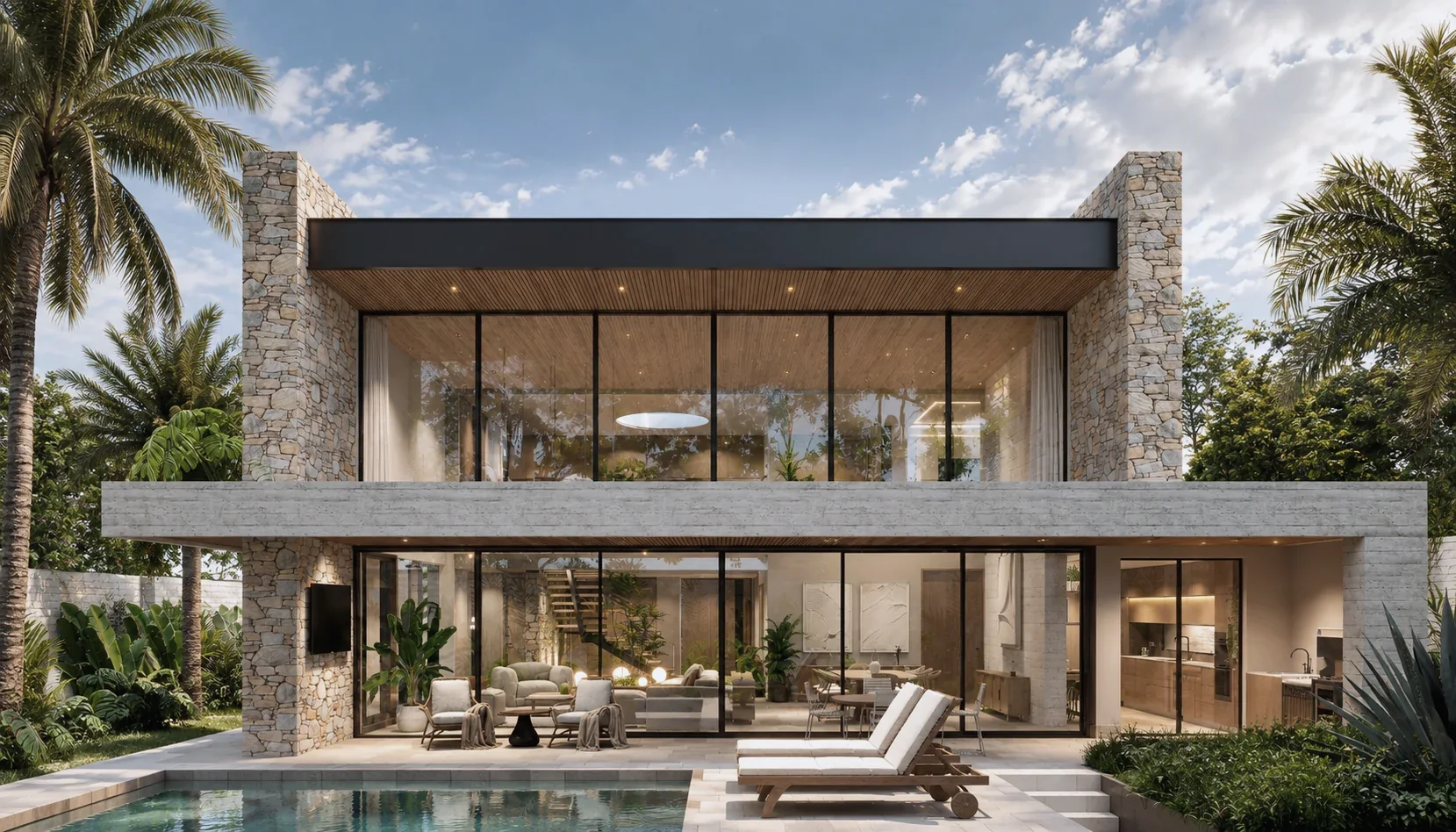 Casa Cúcuta F&J – Glazed rear façade facing the pool