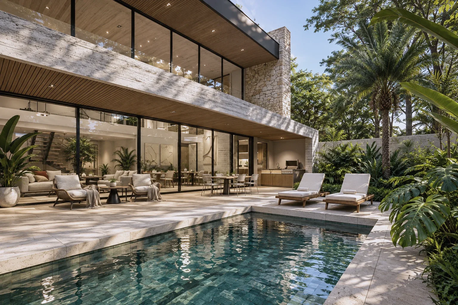 Casa Cúcuta F&J – Pool and outdoor lounge beneath the timber eave