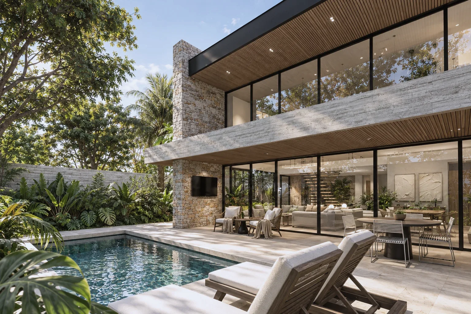 Casa Cúcuta F&J – Pool terrace with palms and sun loungers