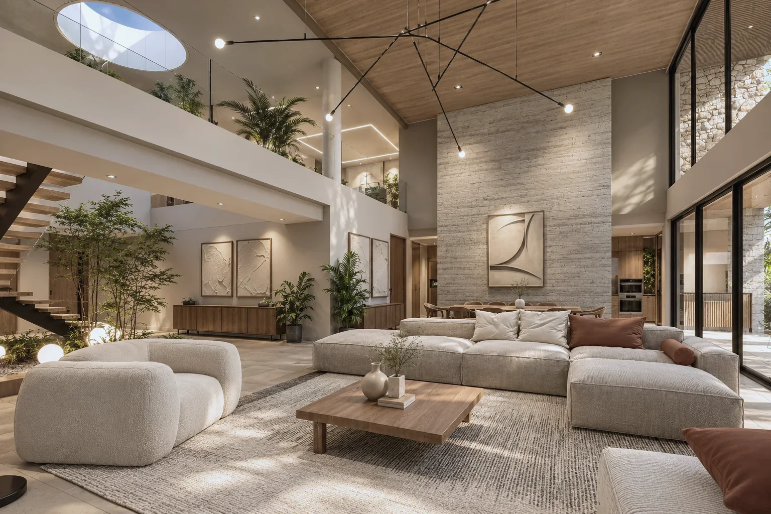 Casa Cúcuta F&J – Double-height living room with stone wall and wood ceiling