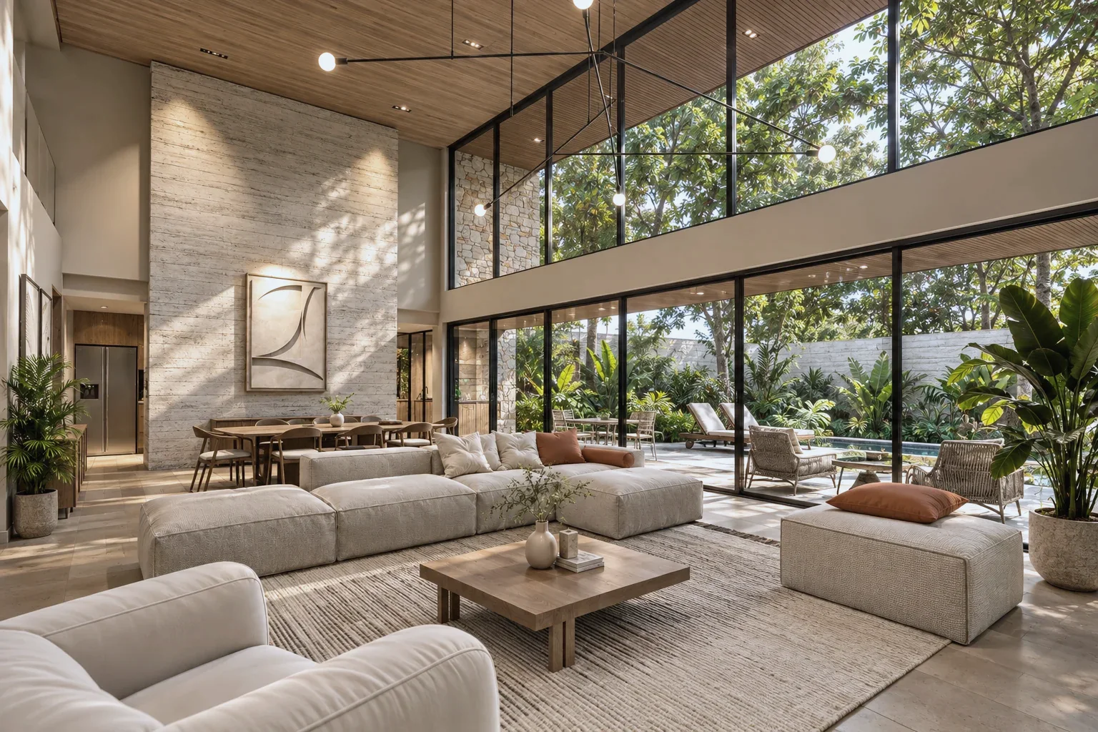 Casa Cúcuta F&J – Living room open to the garden with floor-to-ceiling windows