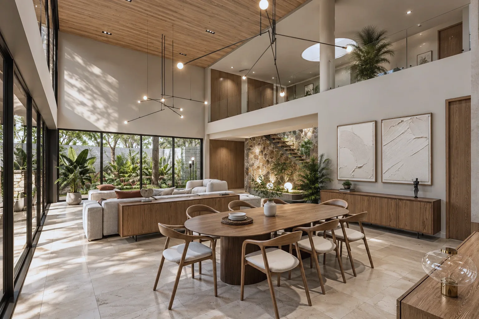 Casa Cúcuta F&J – Double-height dining room integrated with the living room