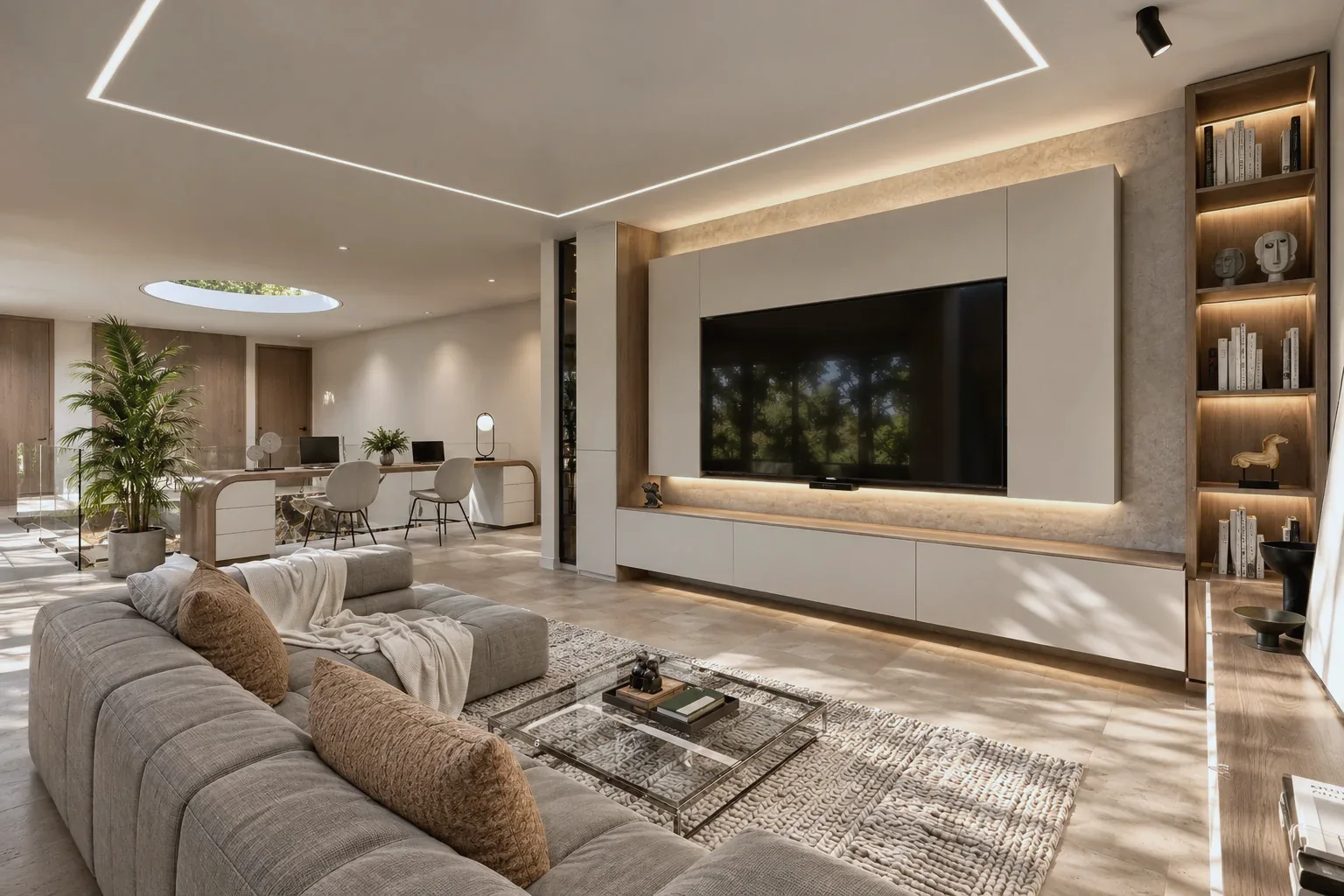 Casa Cúcuta F&J – TV room with custom cabinetry and bookcase