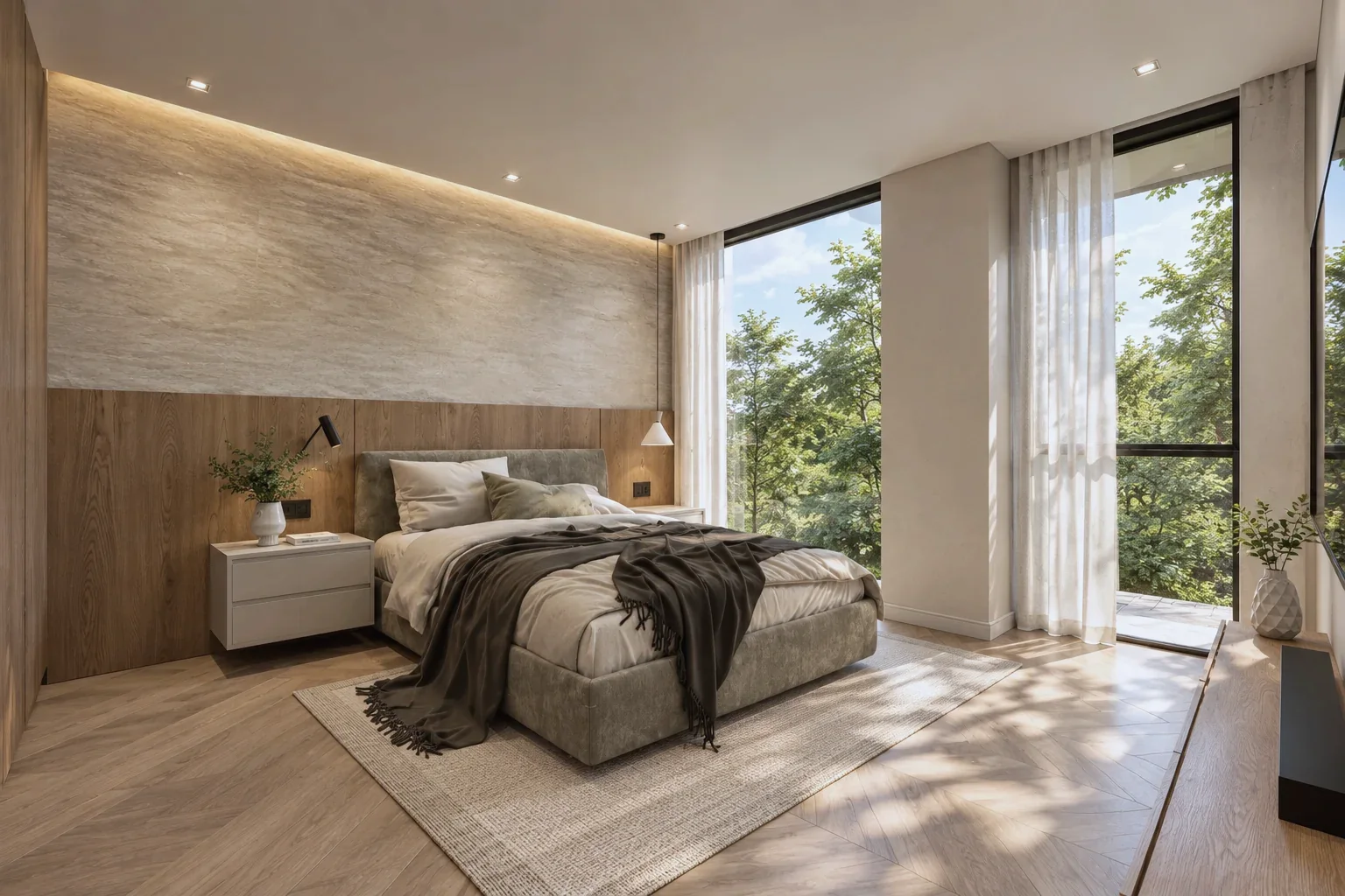 Casa Cúcuta F&J – Bedroom with large window and stone wall