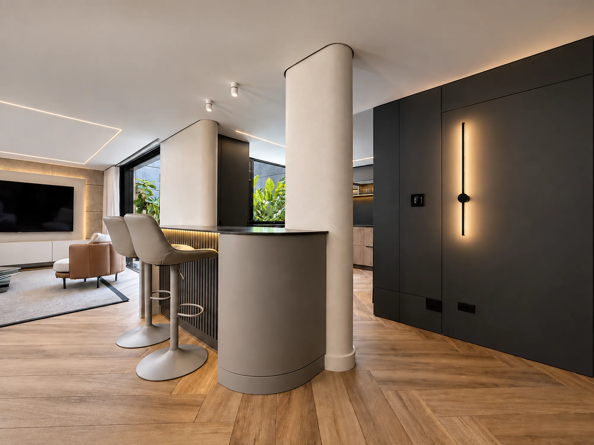 Casa Gascuña S&A – Curved bar and social hall with black panel