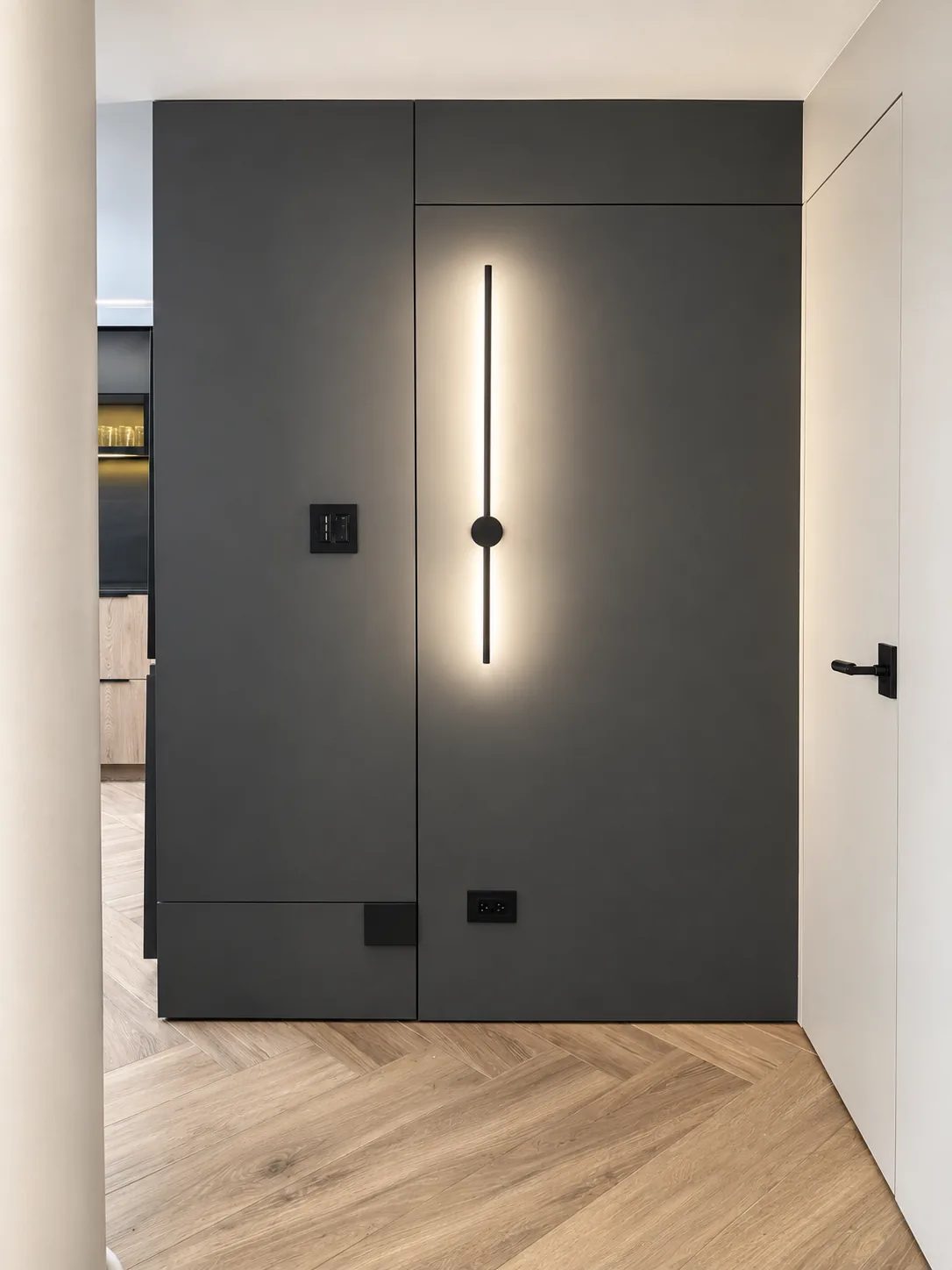 Casa Gascuña S&A – Black panel with linear wall light in the hall