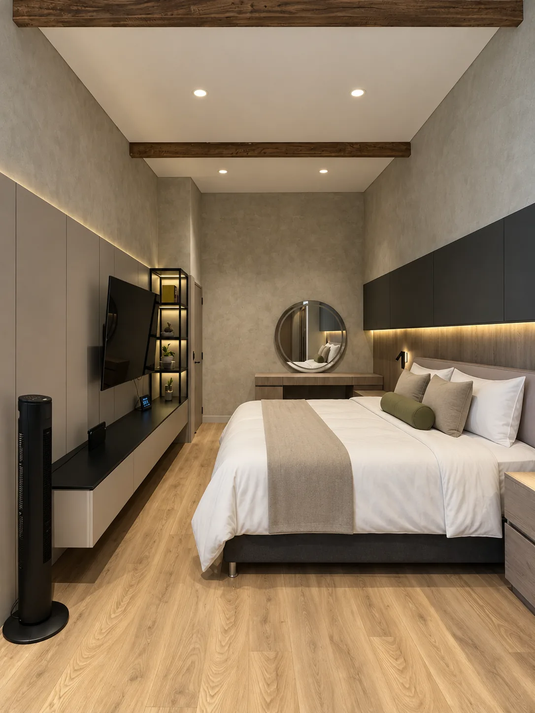 Casa Gascuña S&A – Master bedroom with wood beam and black panel