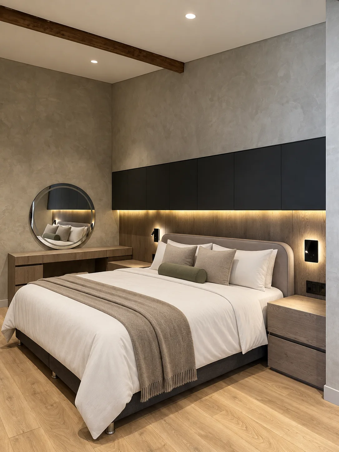 Casa Gascuña S&A – Master bedroom with vanity and round mirror