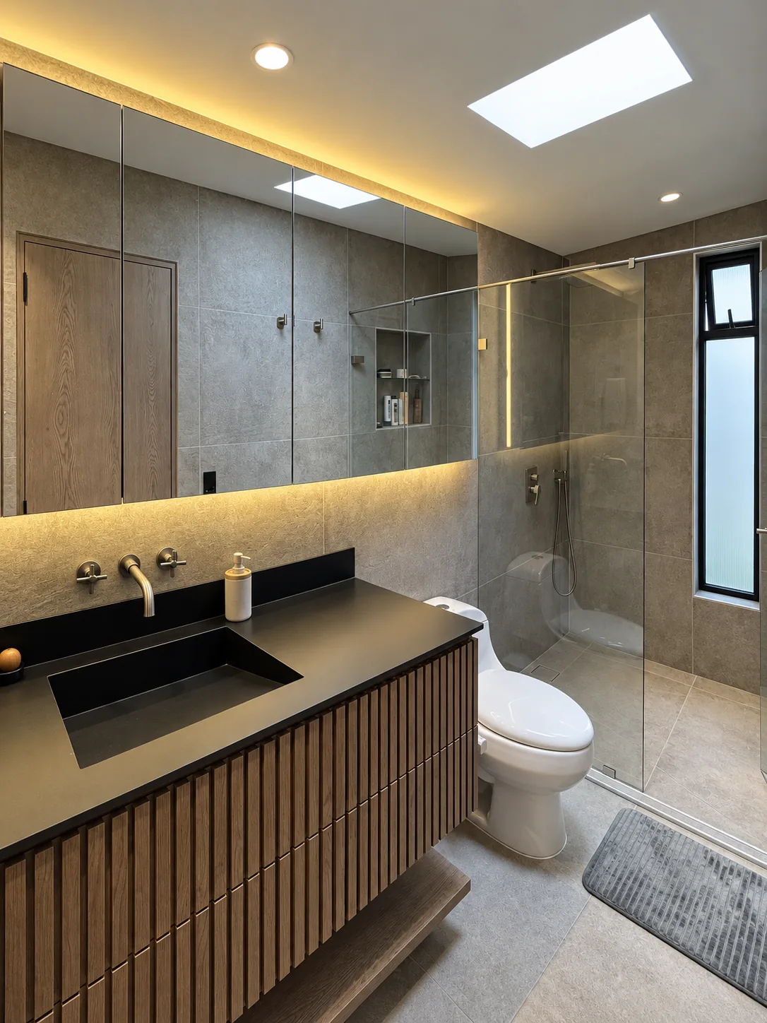 Casa Gascuña S&A – Master bathroom with fluted vanity and skylight