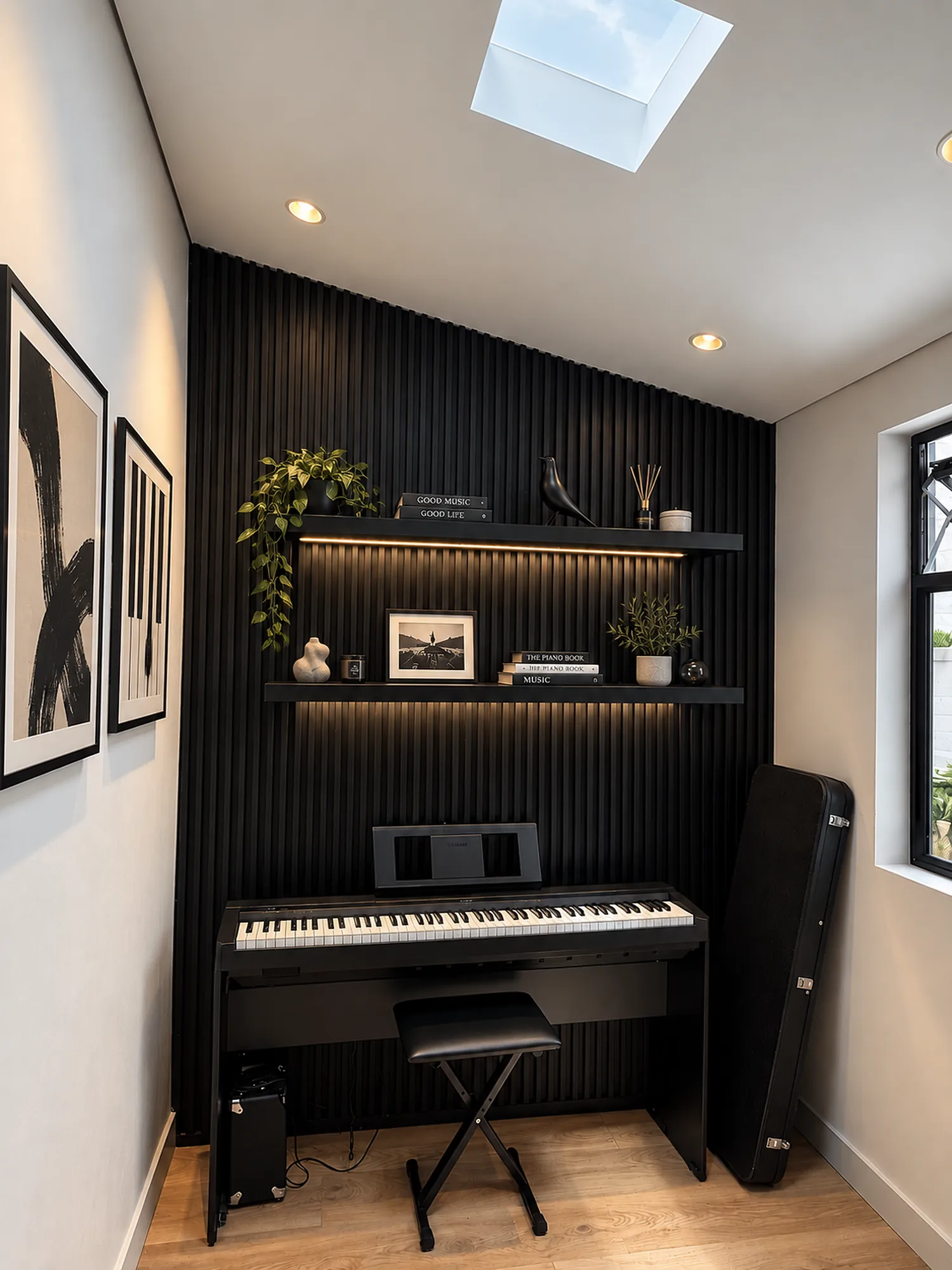Casa Gascuña S&A – Music room with fluted paneling and piano