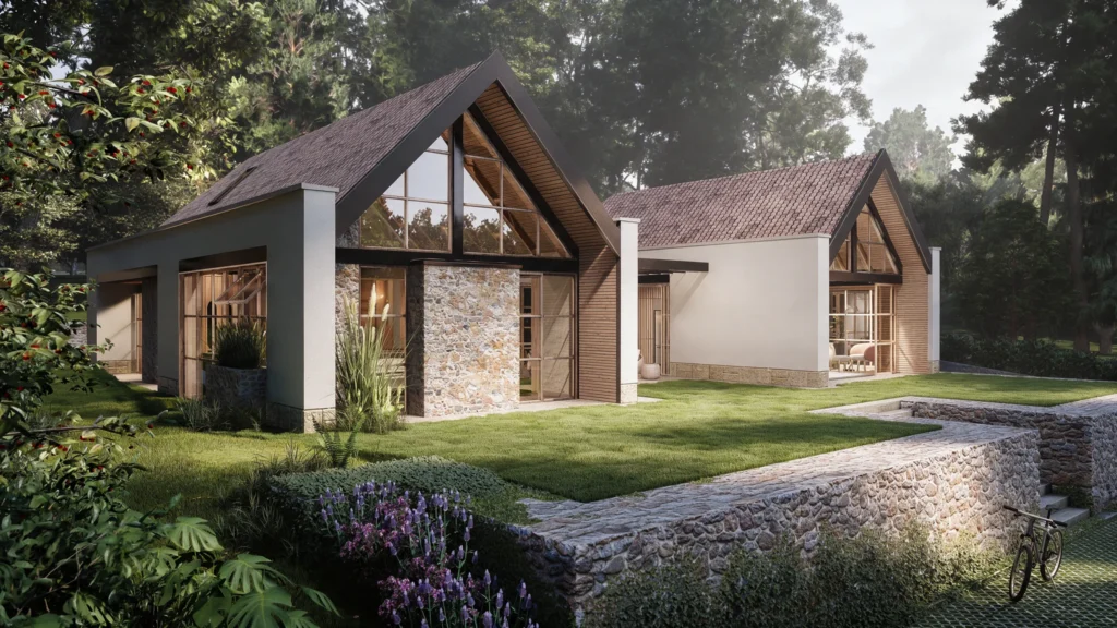 Casa La Mesa – side façade with garden and stone walls