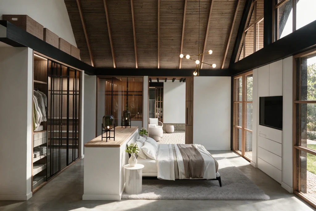 Casa La Mesa – bedroom with walk-in closet and timber roof