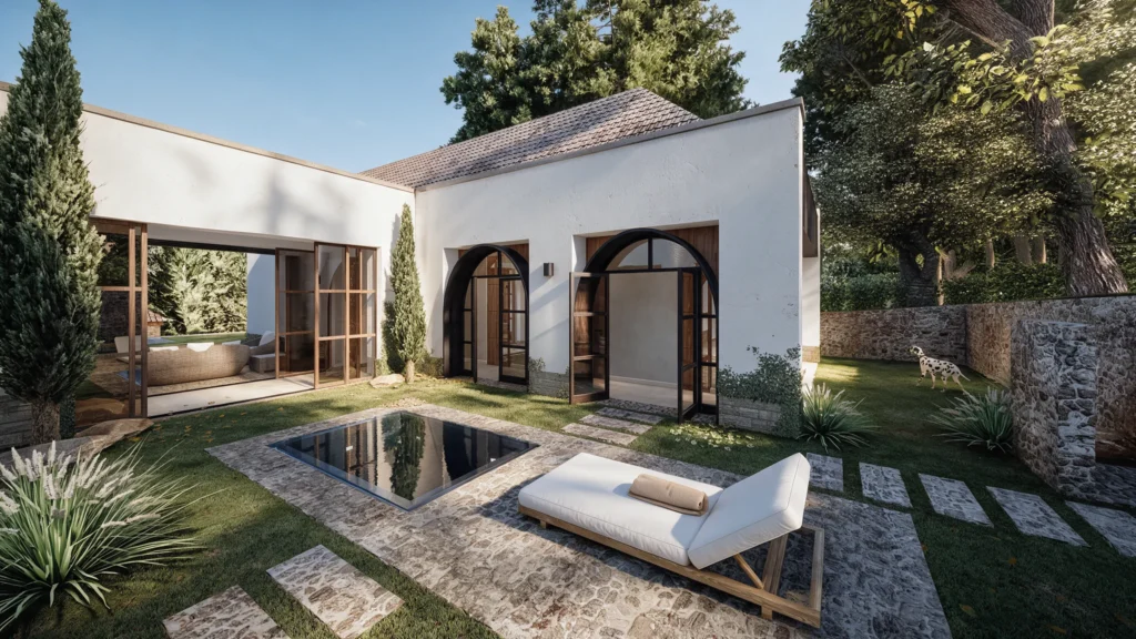 Casa La Mesa – courtyard with reflecting pool and arches