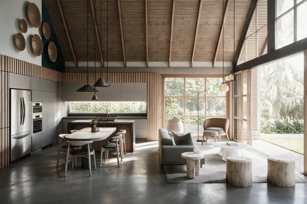 Casa La Mesa – double-height living and dining room open to the garden
