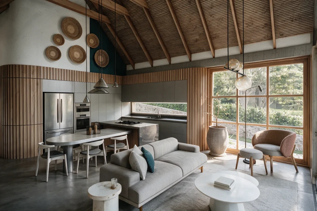 Casa La Mesa – social area and kitchen beneath a pitched timber roof