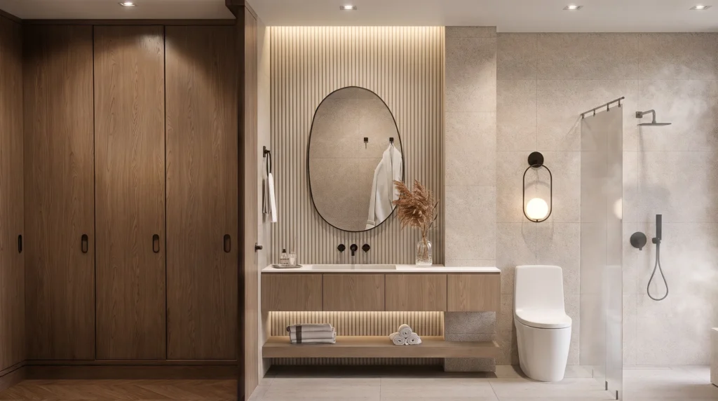 Casa Sopó – bathroom with oval mirror and wood walk-in closet