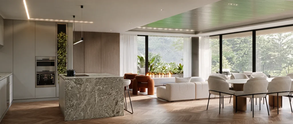 Casa Sopó – kitchen with stone island and dining room open to the outdoors