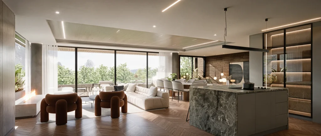 Casa Sopó – stone kitchen island and living room with large windows