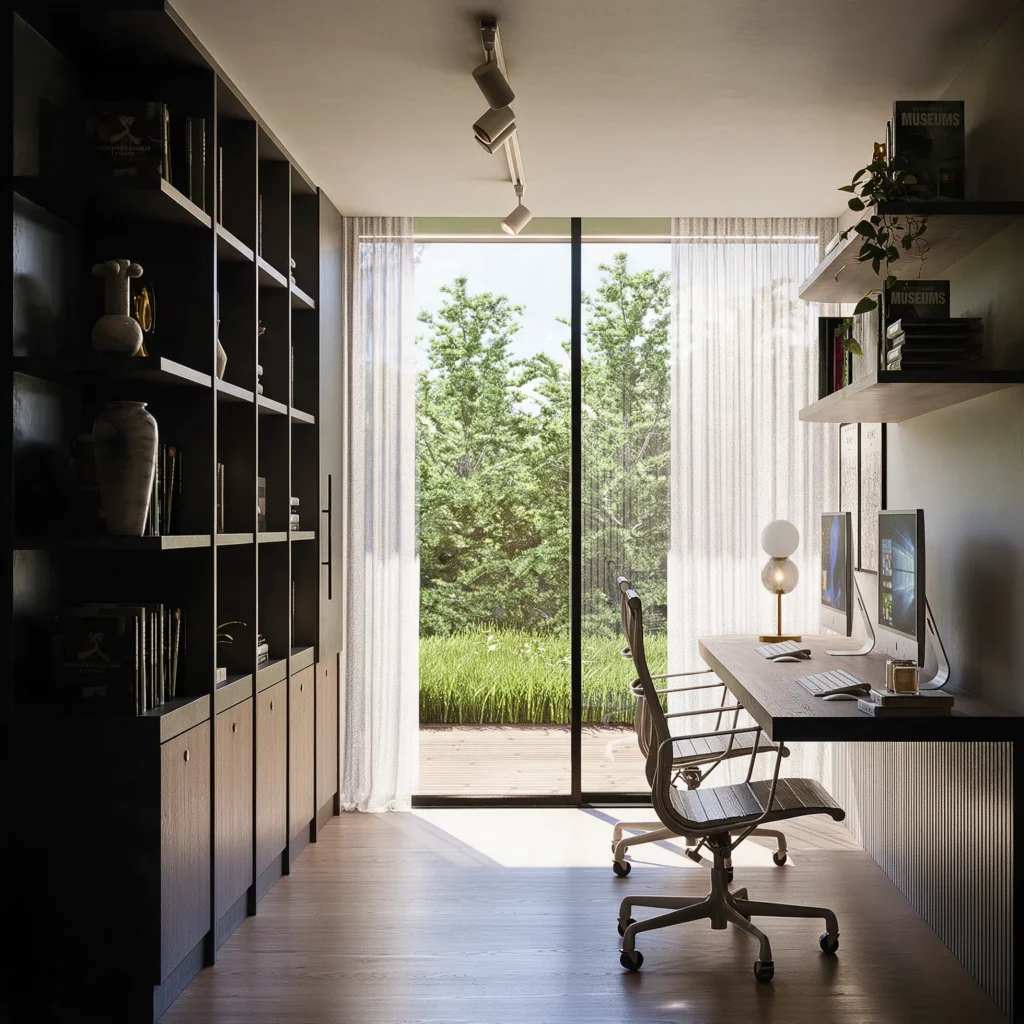 Casa Sopó – study with bookcase and window to the garden