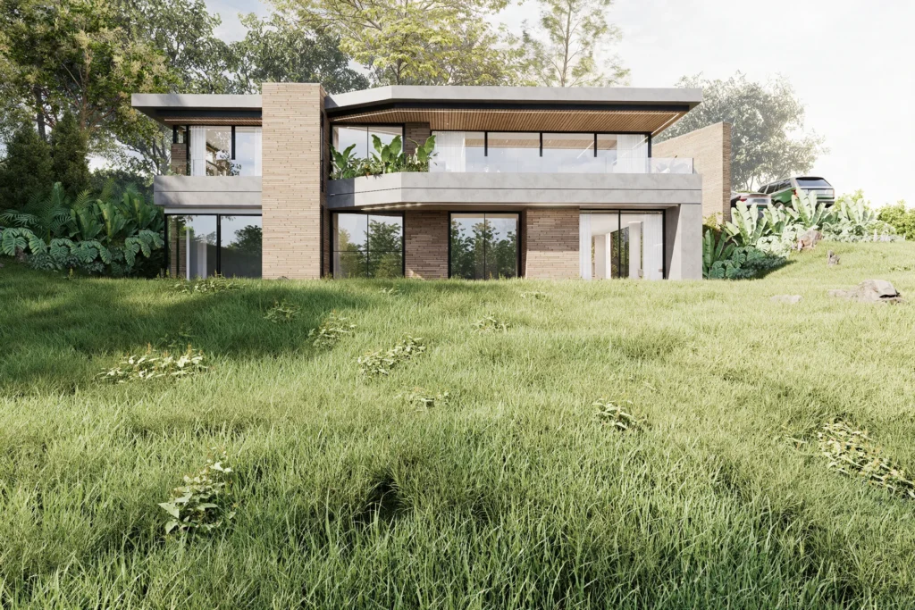 Casa Sopó – front façade with brick volume and terrace over the meadow
