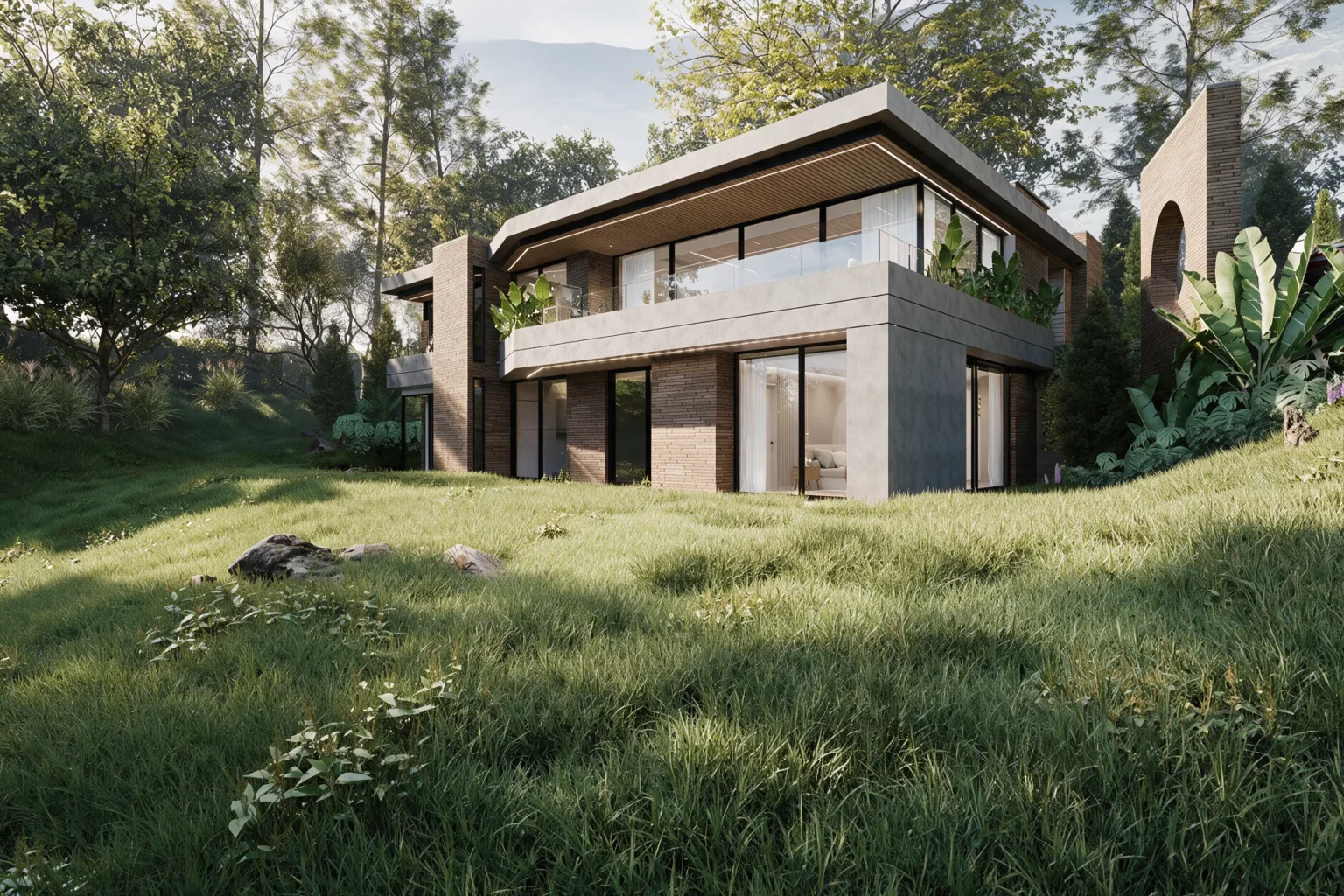 Casa Sopó – diagonal façade with cantilevered roof over the meadow, Sopó, Cundinamarca