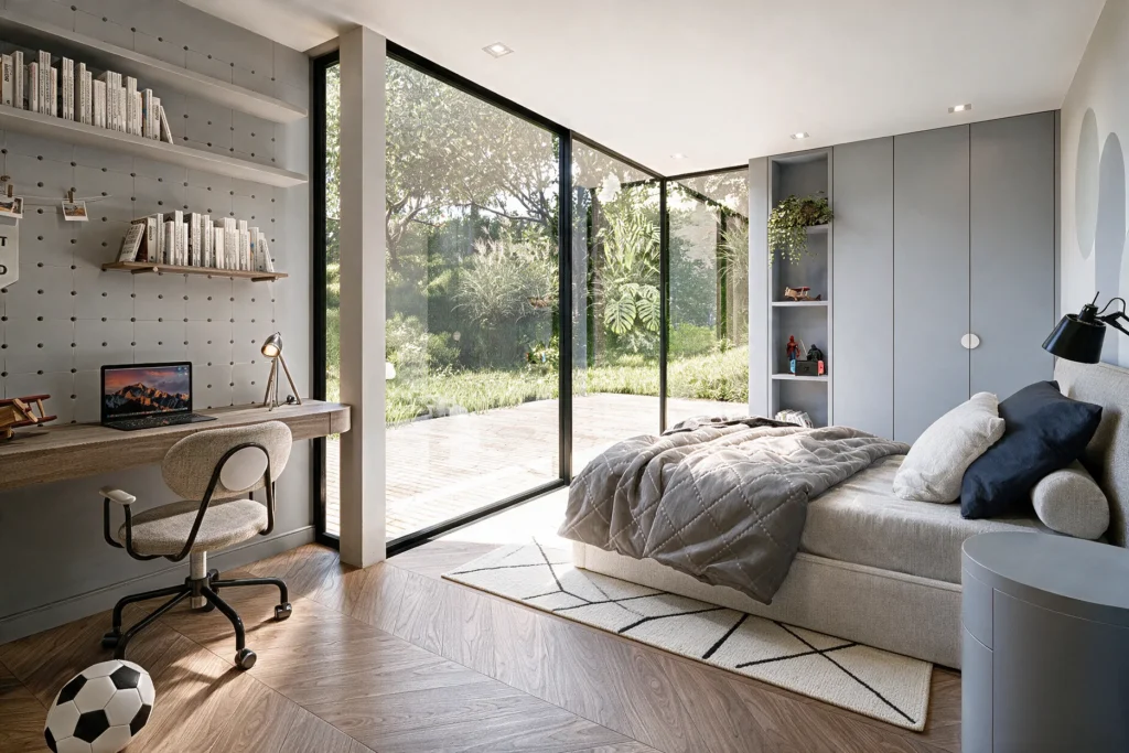 Casa Sopó – guest bedroom with desk and corner window