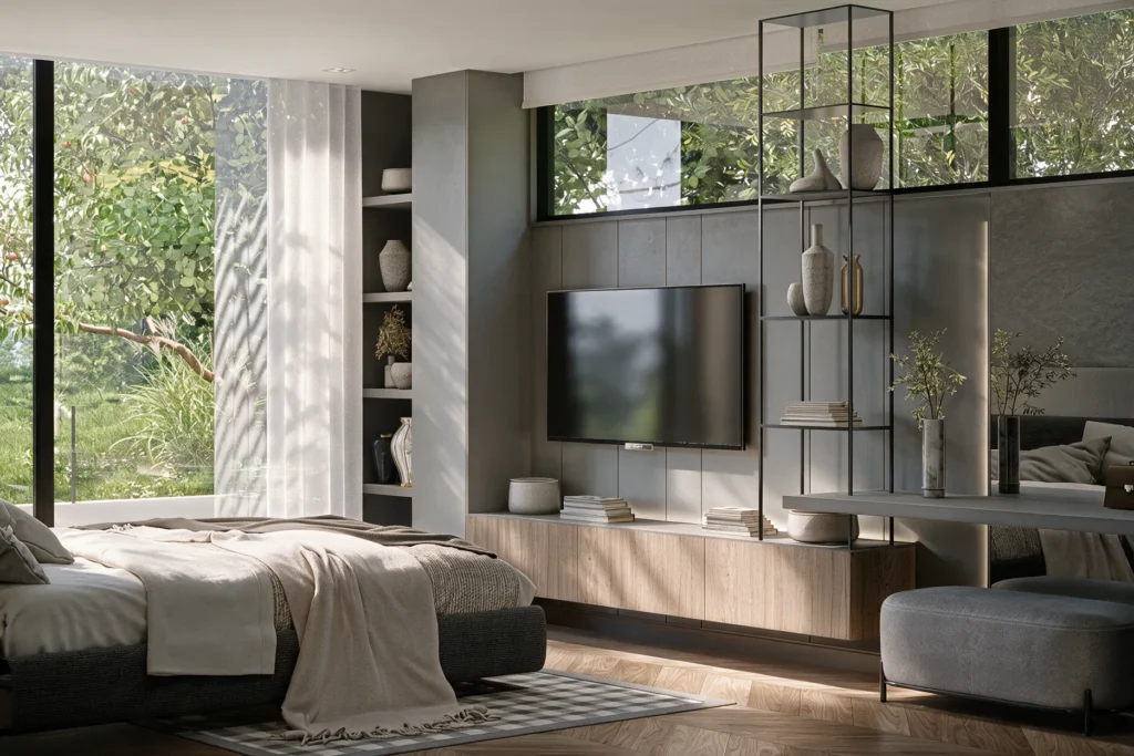 Casa Sopó – master bedroom with TV unit and large window