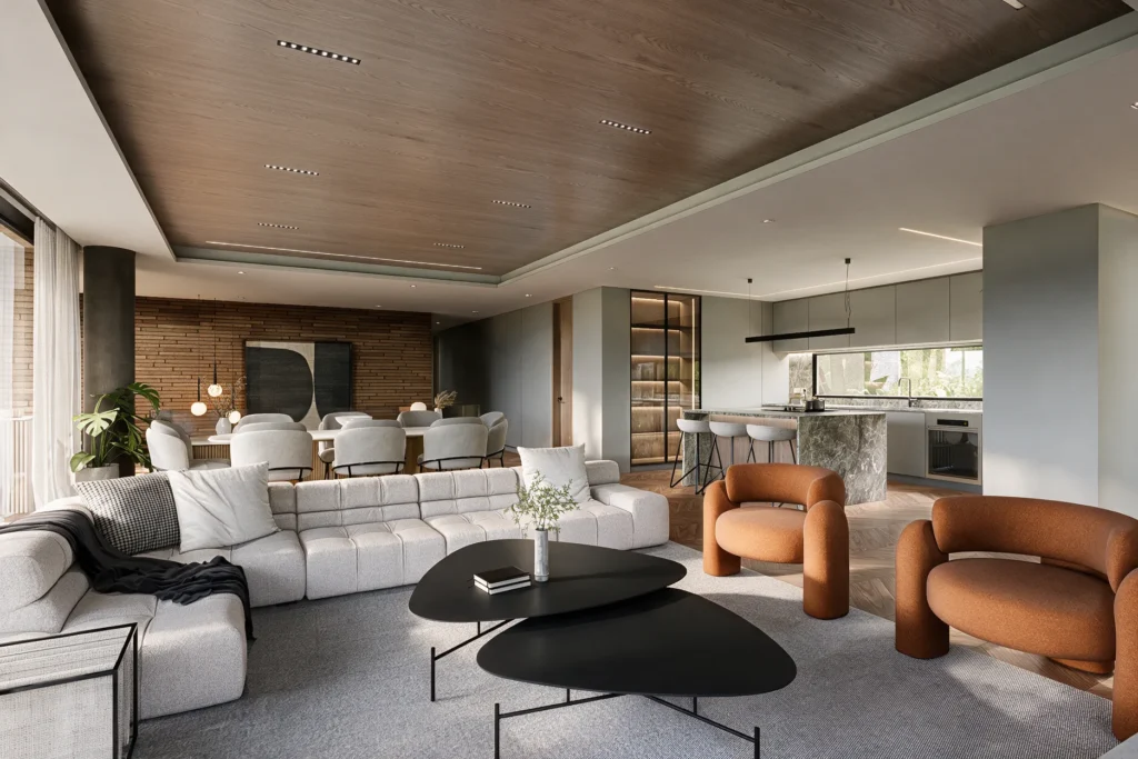 Casa Sopó – living room with terracotta armchairs, dining room and kitchen