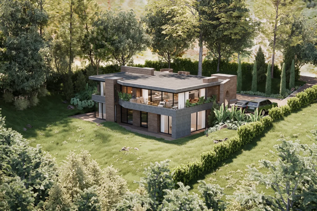 Casa Sopó – aerial view of the house between the forest and the garden