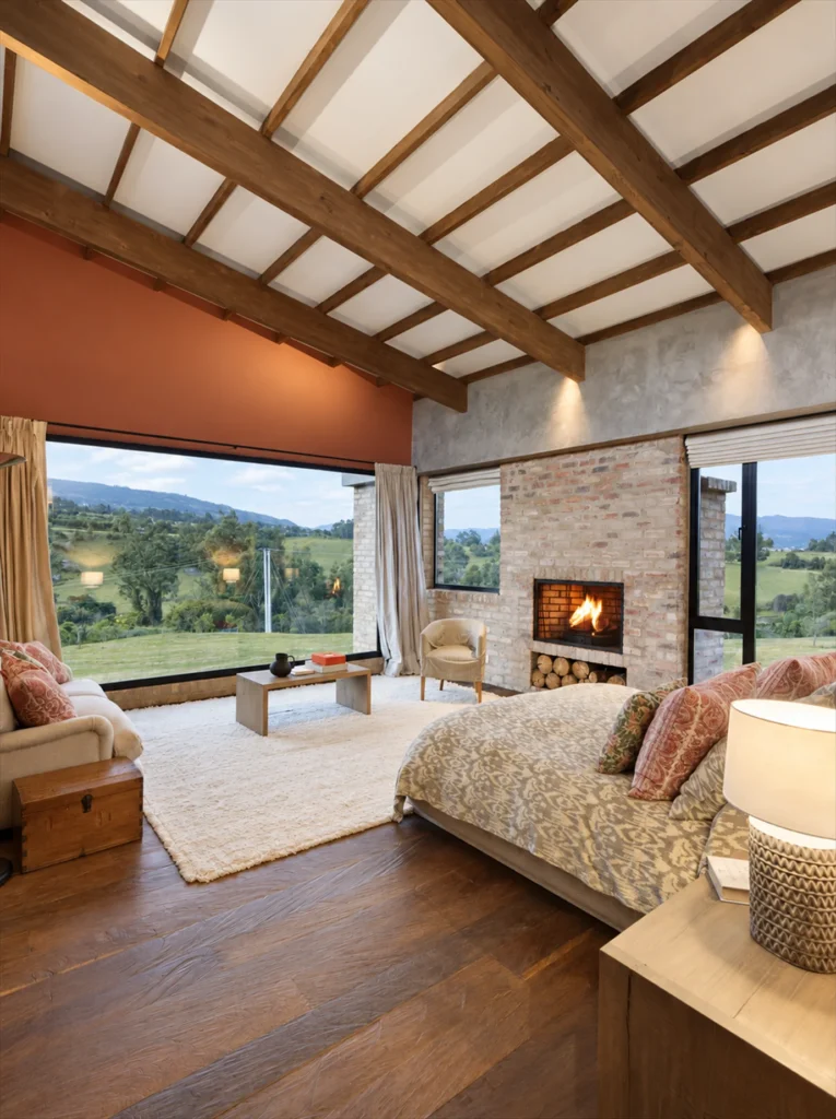 Casa Subachoque – bedroom with fireplace and views of the savanna