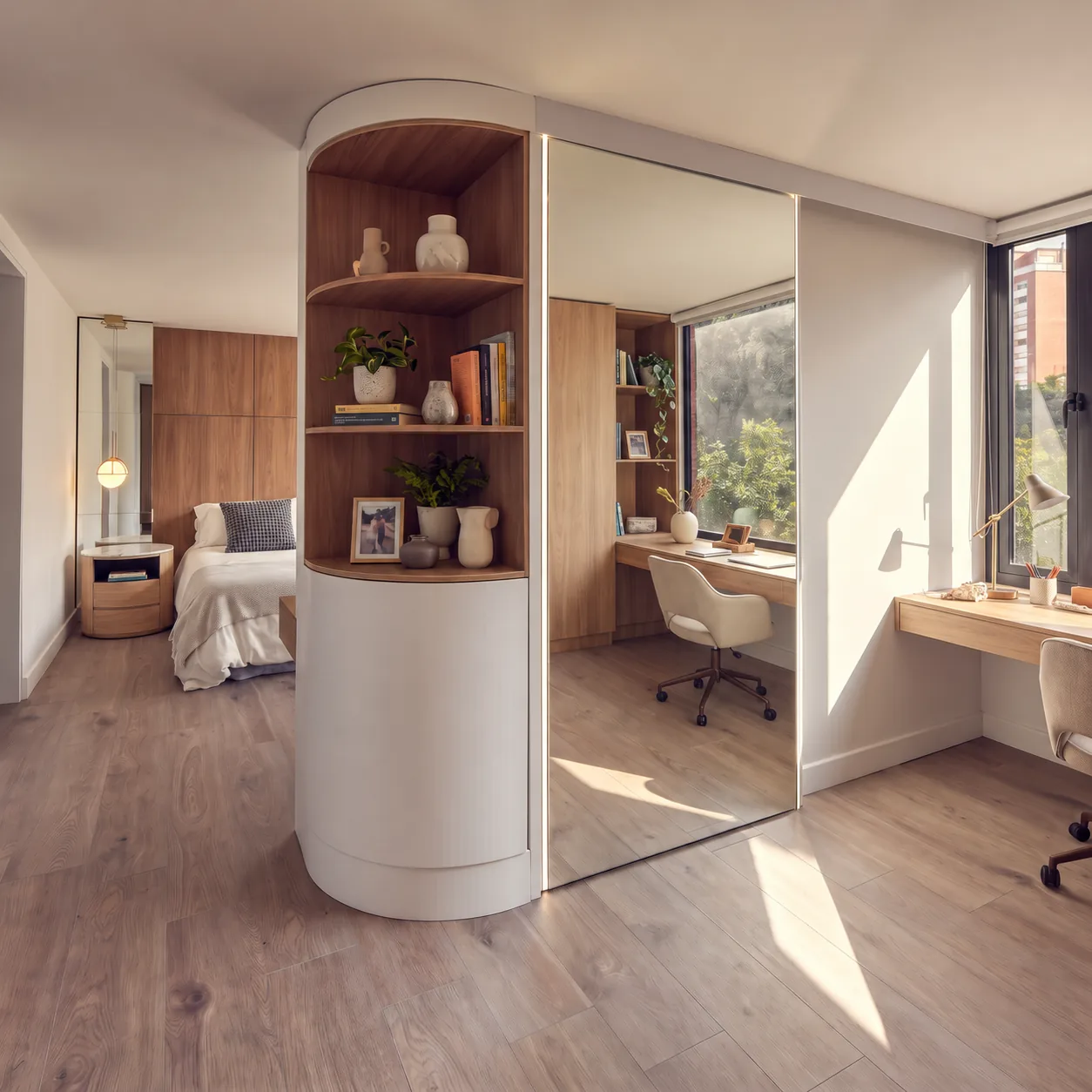 El Nogal Apartment – bedroom with curved column, shelves and desk