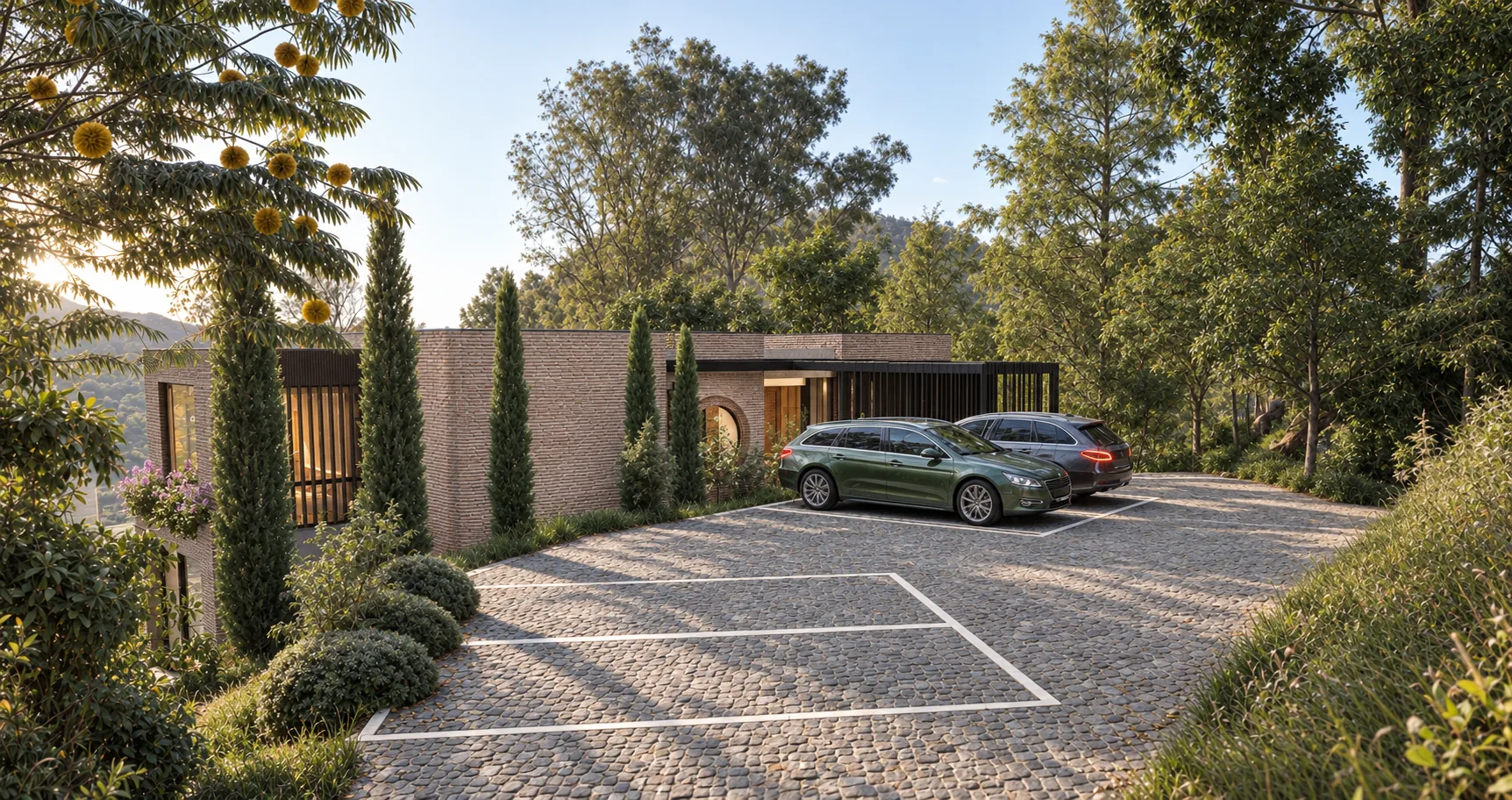 Casa El Retiro E&W – vehicle access and parking among cypress trees