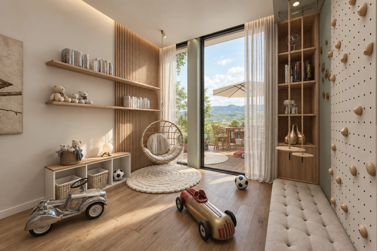 Casa El Retiro E&W – playroom with hanging chair and large window