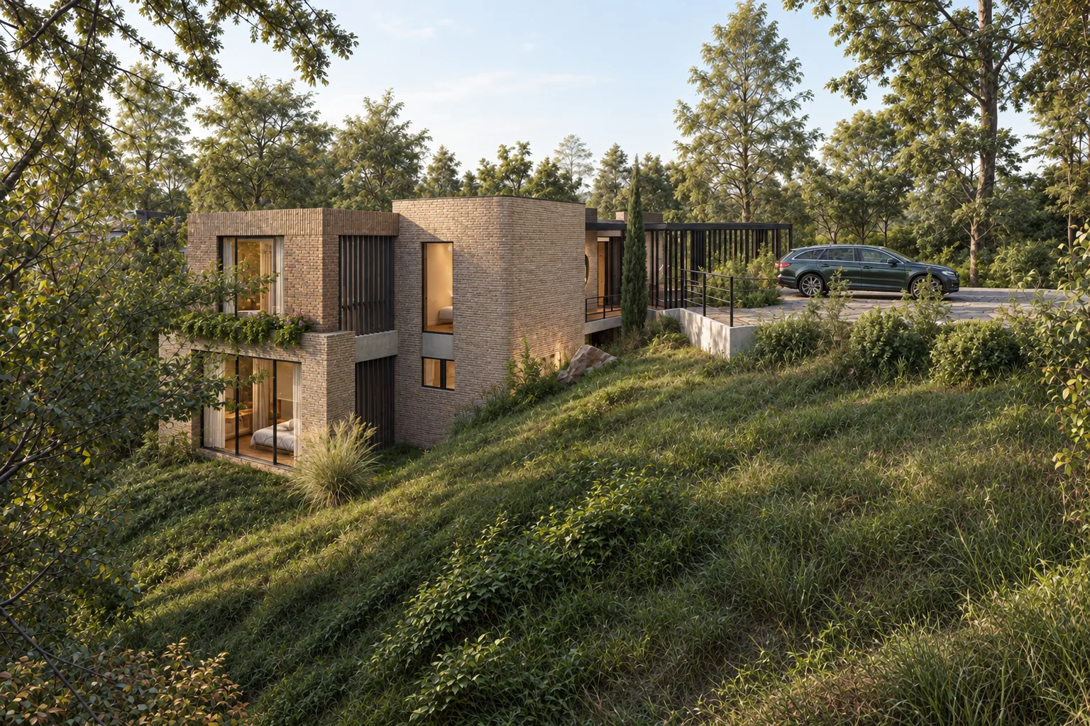 Casa El Retiro E&W – side brick façade on the hillside