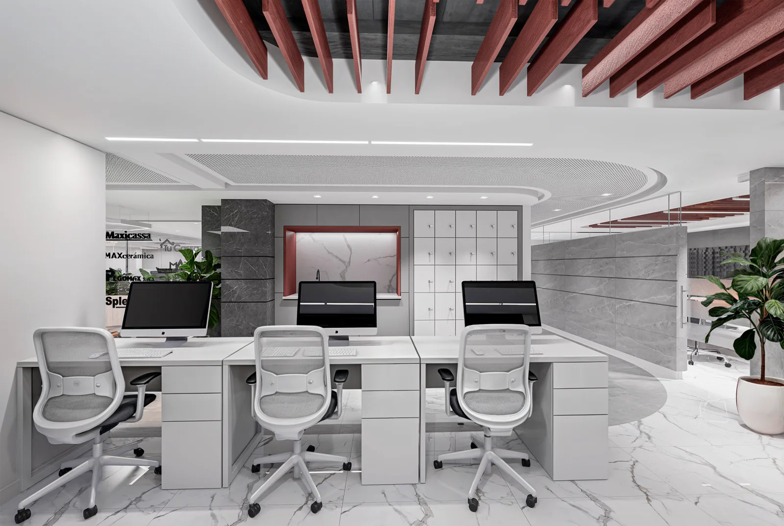 Maxicasa 05 – workstations with red slatted ceiling