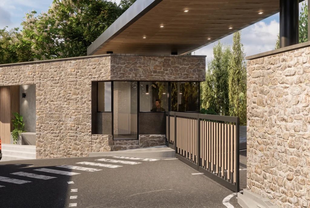 Quebrada Clara Gatehouse – stone guard booth with vehicle barrier