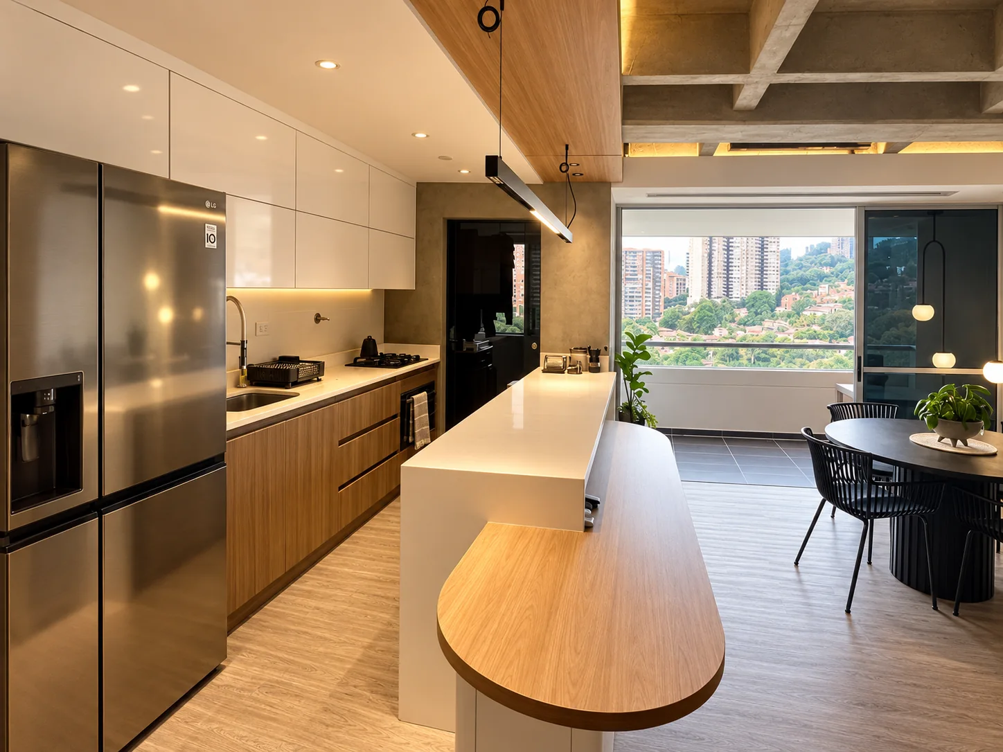 Rosset Apartment – kitchen with curved wood-edged island