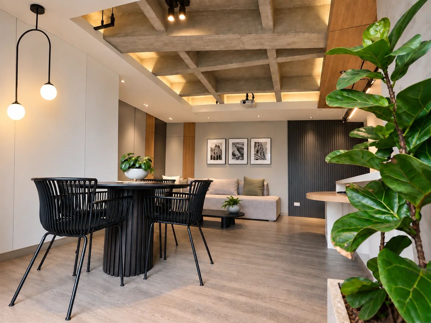 Rosset Apartment – dining room with pendant lamp and coffered ceiling