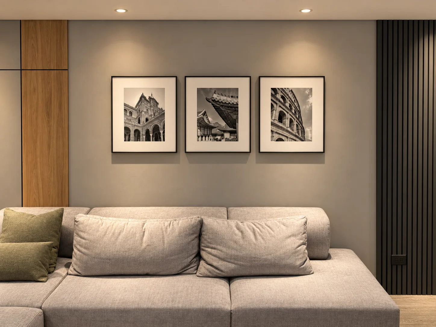 Rosset Apartment – detail of black-and-white artwork above the sofa