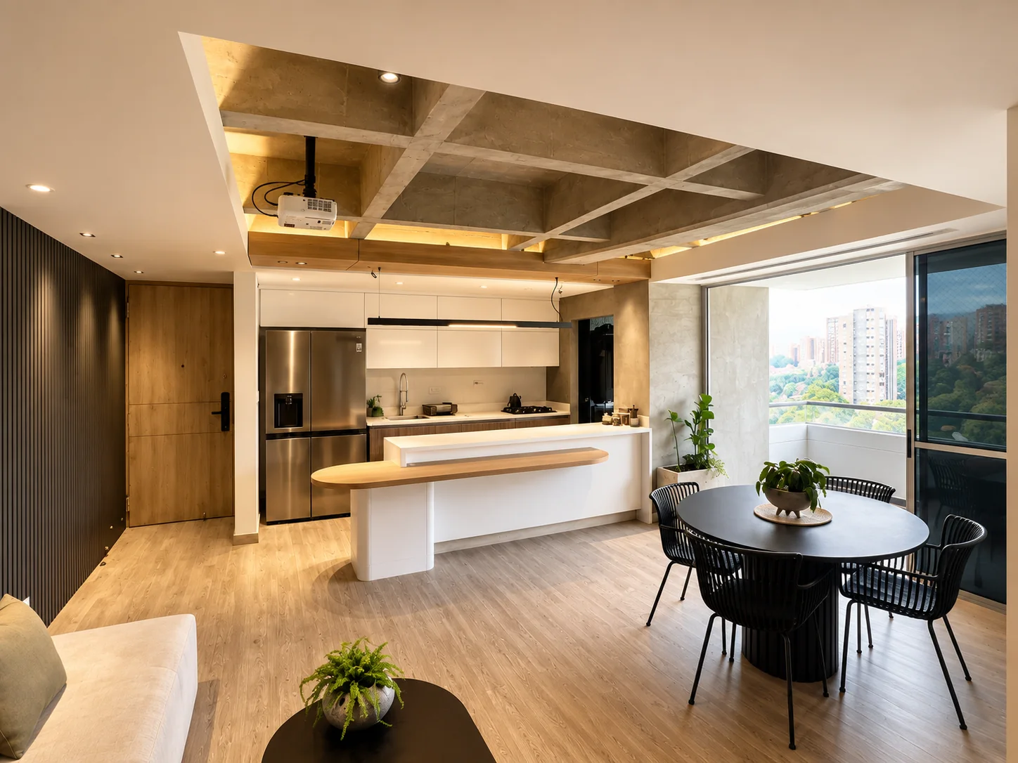 Rosset Apartment – overall view of the living room, dining room and open kitchen