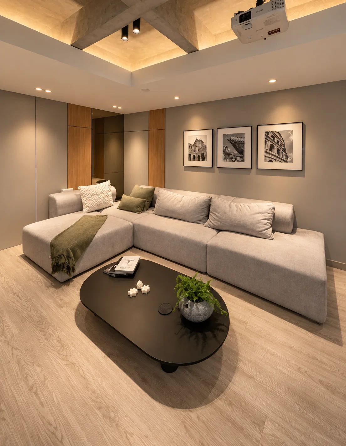 Rosset Apartment – living room with oval table and illuminated ceiling